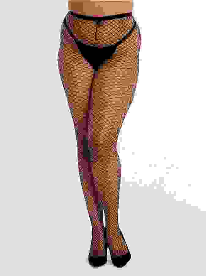 Lovehoney Plus Size Black Fishnet Pantyhose, Black, hi-res